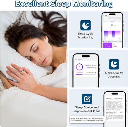 Smart Health Tracking Ring with Sleep Monitoring, Heart Rate Measurement, Waterproof Fitness Features, Activity Tracking, Air Gesture Control, Up to 7-Day Battery Life, Compatible with iOS and Android (Stylish Silver #8)